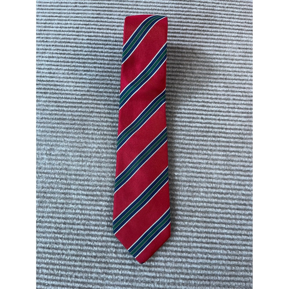 Red Repp Stripe Silk Tie Mens Hand Made in Italy Navy Blue Green White Diagonal